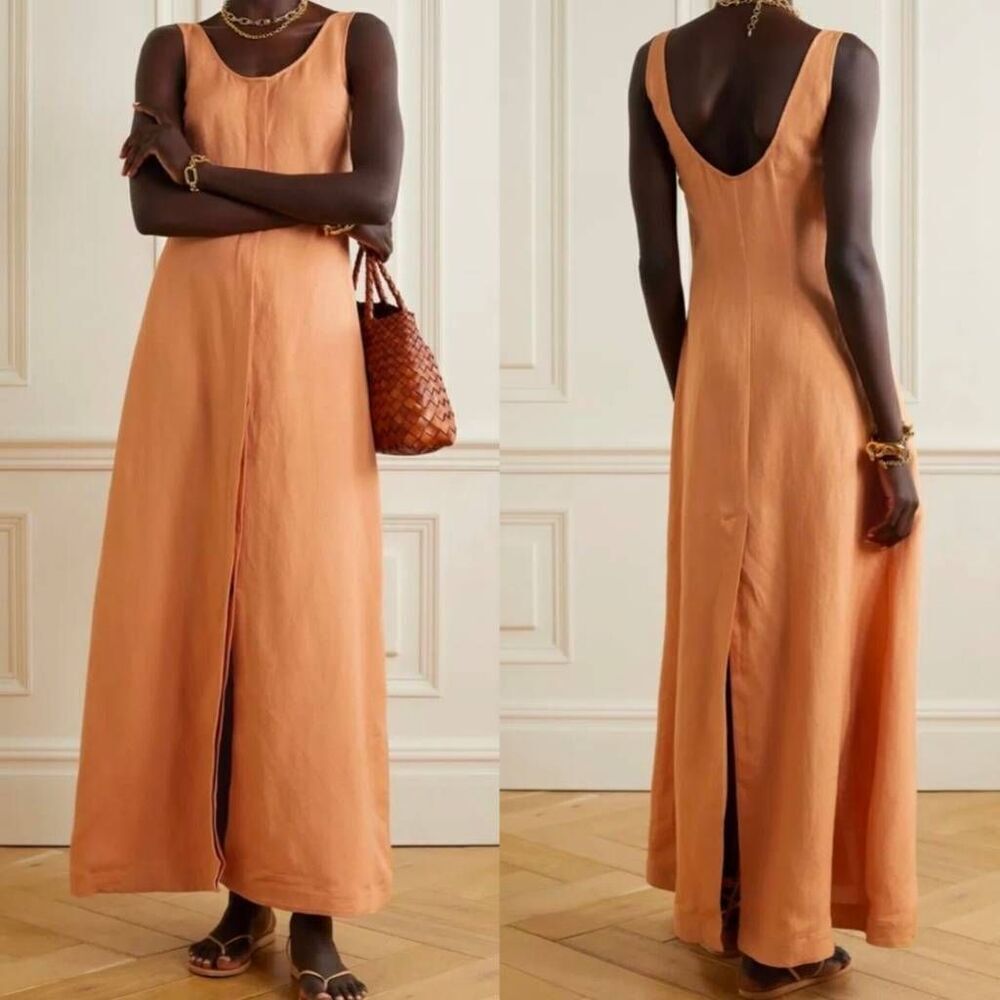 BONDI BORN Mallorca Button Front Linen Blend Maxi Dress in Apricot Peach S $475